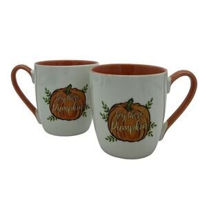 Godinger Hey There 2 Pumpkin Mugs Cups Fall Autumn 16 oz 12820 Orange White NWOB